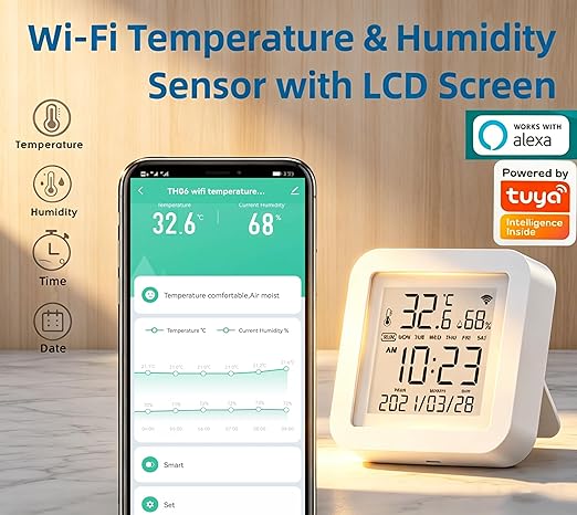 Smart WiFi Temperature Humidity Monitor: TUYA Wireless Temperature Humidity Sensor with APP Notification Alerts, WiFi Thermometer Hygrometer for Home Pet Garage,Compatible with Alexa