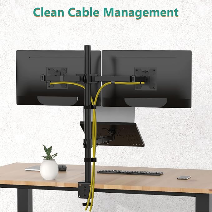 WALI Triple Arm Laptop and Dual Monitor Desk Mount for 17" Notebook and Up to 27" Screens, Extra Tall Adjustable Monitor Stand with Laptop Tray, VESA 75x75 100x100, Black (M002XLLP)