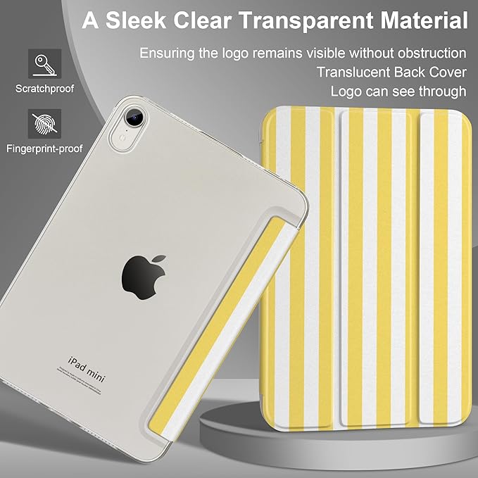 DONGKE for iPad mini 7 (A17 Pro) 2024 & iPad mini 6 2021 8.3 Inch, Slim Foldable Stand Hard PC Translucent Back Shell Smart Cover for iPad mini 7th/6th Generation [Auto Wake/Sleep] - Yellow Stripes