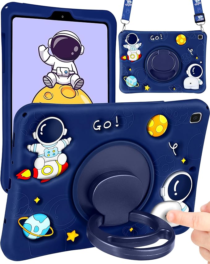 Wazzasoft for Samsung Galaxy Tab A7 Lite 8.7” Case Boys Cute Astronaut Cover Kawaii 3D Cartoon Spacemen Girls Cool with Rotating Handle Stand + Strap Soft Silicone Funda for Galaxy A7 Lite Table Cases