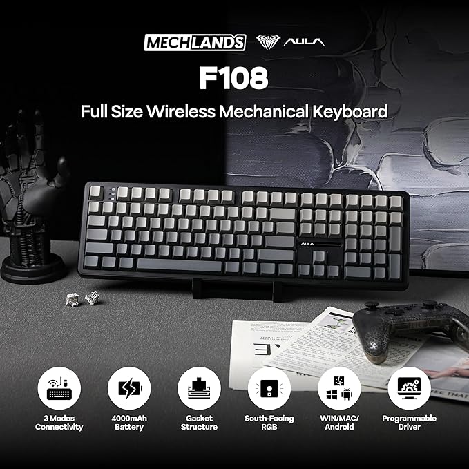 MechLands Aula F108 100% Wireless Gaming Keyboard, Full Size Custom Gasket Mechanical Keyboard, 4000mAh Battery, Programmable 108 Keys, Hot-Swappable, for Win/Mac (Black Gradient)