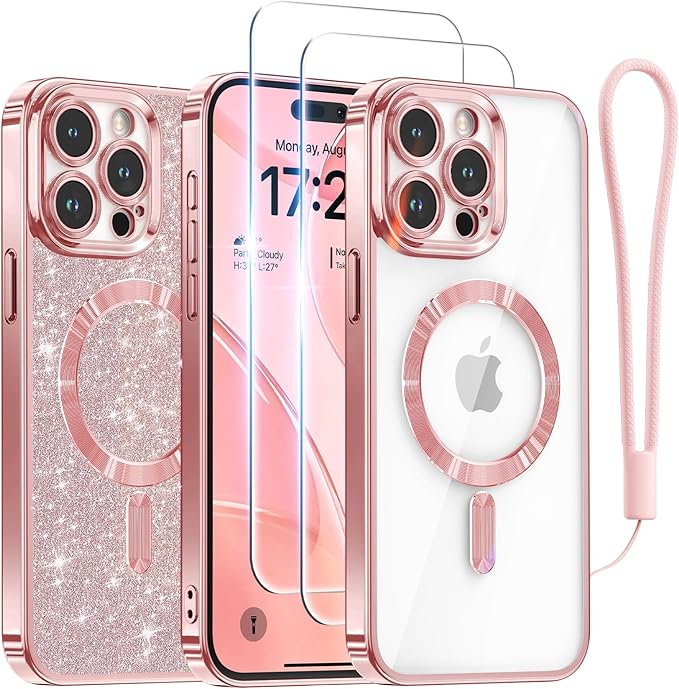 Meifigno for iPhone 15 Pro Case 6.1", [Glitter Card & Wrist Strap] [Compatible with MagSafe] [2X Screen Protectors] Surround Raised Camera Lens Protection for 15 Pro Case, Rose Gold