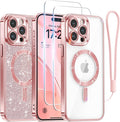 Meifigno for iPhone 15 Pro Case 6.1", [Glitter Card & Wrist Strap] [Compatible with MagSafe] [2X Screen Protectors] Surround Raised Camera Lens Protection for 15 Pro Case, Rose Gold