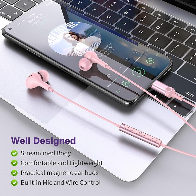 USB C Headphones for iPhone 17 16 15 Plus/Galaxy S26 S25 Wired Earbuds with Microphone for Samsung S24 S23 S22 S21 S20 Ultra, Magnetic Noise Canceling in-Ear Type C Earphone for iPad 10/Pixel 8a, Pink
