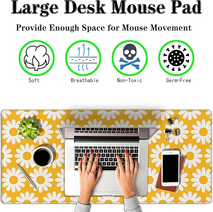 Computer Desk Mat Yellow Desk Mats, Large Gaming Mouse Pads Keyboard Mouse Pad, Mouse Mat Non-Slip Rubber Base Waterproof with Stitched Edges, 35.4 X 15.7 inch for Work/Game/Office/Home