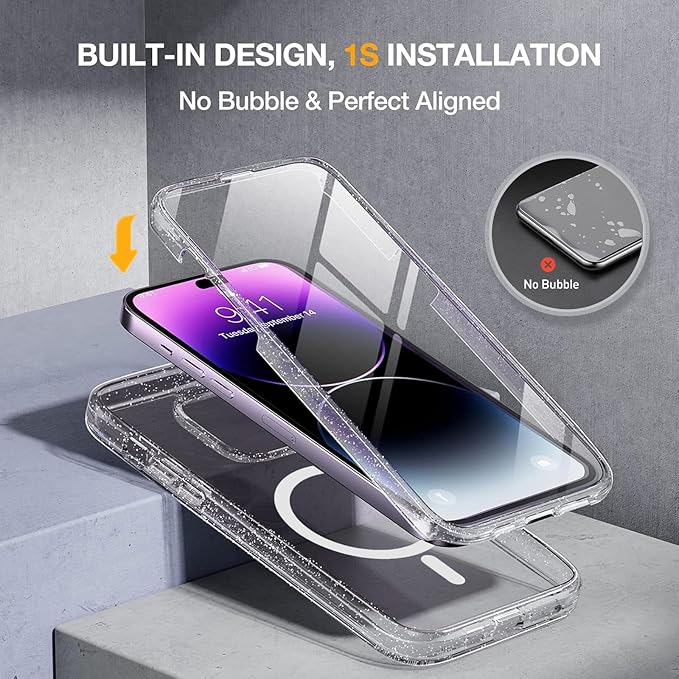 Miracase Magnetic for iPhone 14 Pro Max Case 6.7 inch, (Compatible with MagSafe) Upgrade Full-Body Clear Phone Bumper Case with Built-in 9H Tempered Glass Screen Protector, Magnetic Glitter Clear