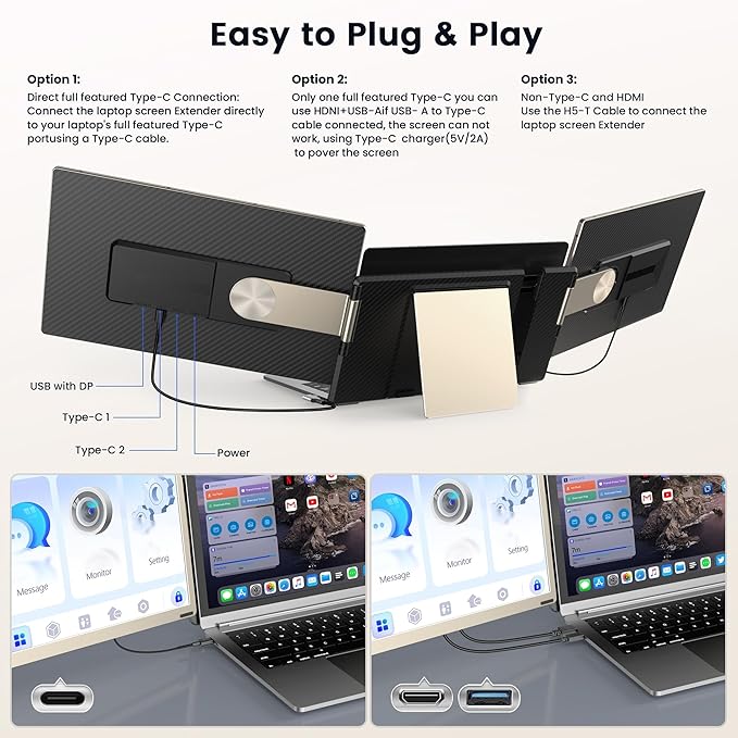 Laptop Screen Extender, 15.6" Detachable Triple Portable Monitor, 1080P FHD IPS Display, Sturdy & Durable, USB-C/HDMI Plug-Play Monitor Extender for Mac/Win/Android, Fits 13-17" Laptops