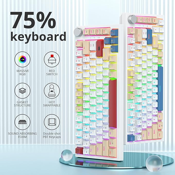 Guffercty kred 75% Retro Keyboard with Knob, Custom Gasket Mounted Wired Mechanical Gaming Keyboard 75 Percent RGB Hot Swap for Mac/Windows/Linux (Gasket 82 Soy Milk)