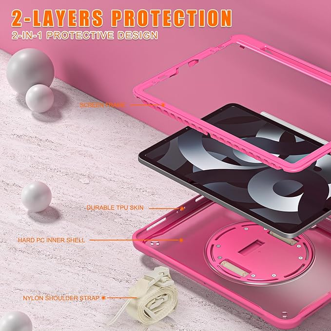Batianda Case for iPad Pro 11-inch 2022 4th M2 Chip /2021 (3rd Generation) Heavy Duty Rugged Shockproof Tablet Cover with 360° Rotating Hand Strap Foldable Hidden Stand & Shoulder Strap, Pink