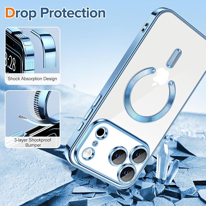 Hython Magnetic Clear for iPhone 17 Pro Max Case with Camera Lens Protector [Compatible with MagSafe] Plating Edge Slim Soft TPU Cover Protective Phone Case for iPhone 17 Pro Max 6.9", Light Blue