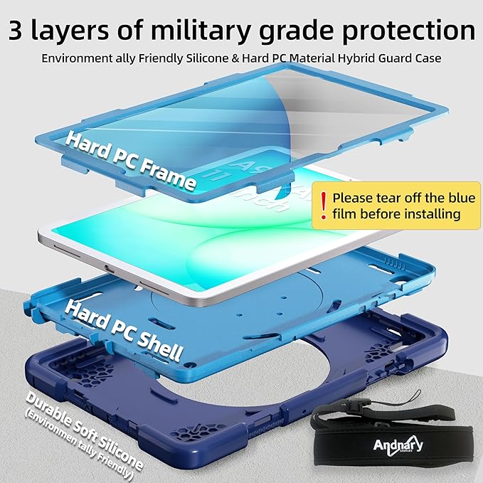 Andnary Case for Samsung Galaxy Tab A9+/A9 Plus Case 11 Inch with Screen Protector/360° Rotating Stand/Pen Holder/Shoulder Strap, Shockproof Cover for Tablet A9+ 5g (Navy+Blue)