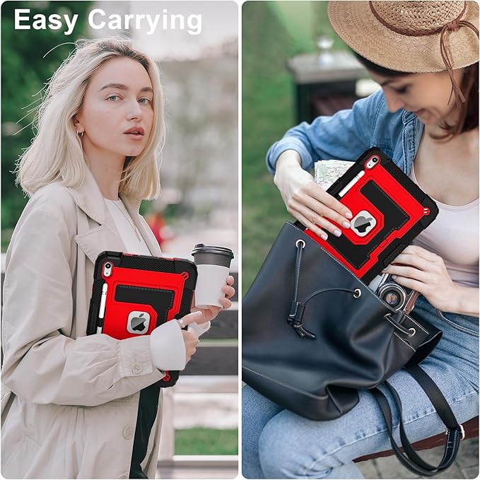 Kids Friendly Case for iPad A16 11th Generation 11 Inch 2025 / iPad 10th Generation 10.9" 2022 Case with Pencil Holder & Shoulder Strap, Hybrid iPad 11 10 Cover Rugged Shockproof Kickstand,Black+Red