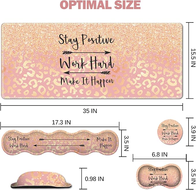 Extended Gaming Mouse Pad, Keyboard Wrist Rest Pad, Wrist Support Mousepad Set, Artso Large Rubber Base Stitched Edges Desk Pad (35 x15.5 in) for Work, Game, Office, Home, Pink Orange Stay Positive
