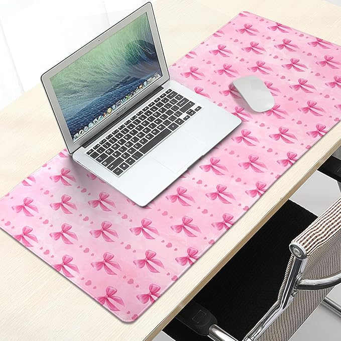 Pink Bows Mouse Pad Extended Large 31.5x11.8 in Coquette Kawaii Desk Mat Preppy Trendy Computer Large Mousepad Non-Slip Rubber Base Stitched Edge Gaming Mousepad PC Computer Desk Pad for Work Desktop