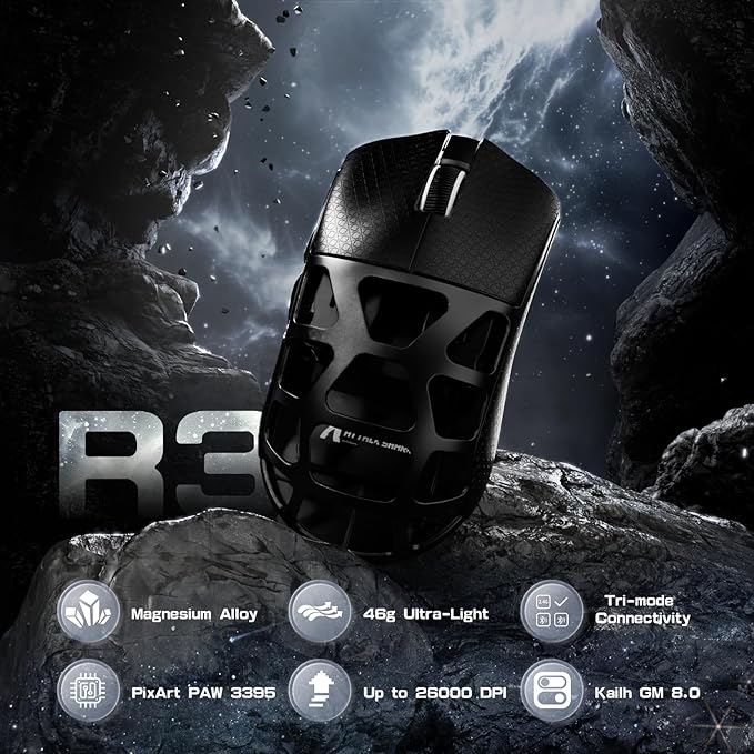 FELICON x Attack Shark R3 Magnesium Alloy Wireless Gaming Mouse, 46g Ultra-Lightweight Skeletal Shell, PAW3395 26K DPI, 8K Polling, Tri-Mode 2.4G/BT/Wired, for PC Mac Laptop - Black & Griptape