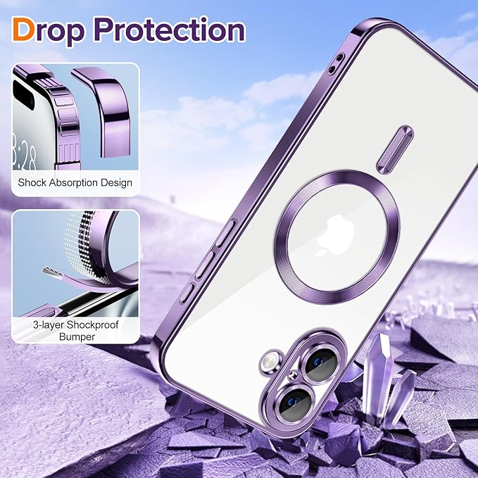 Hython Magnetic Clear for iPhone 16 Case with Camera Lens Protector [Compatible with MagSafe] Luxury Plating Edge Slim Soft TPU Cover Protective Phone Case for iPhone 16 6.1", Deep Purple