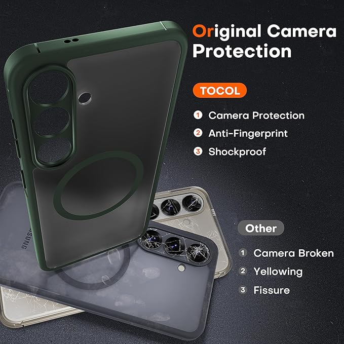 TOCOL Magnetic for Samsung Galaxy S25 Case, Upgraded Full Camera Protection, Compatible with Magsafe, Drop Protection Slime Clear Back Cover for Samsung Galaxy S25 6.2-Inch (Alpine Green)