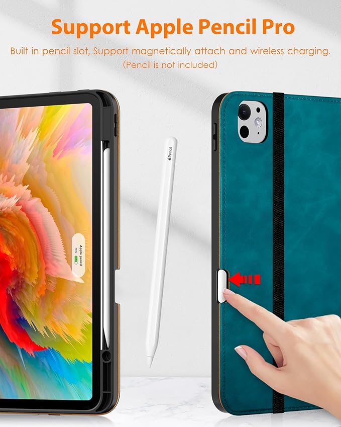 DTTO for iPad Pro 13 inch Case (M5/M4) 2025/2024, Premium Leather Business Folio Stand Cover with Pencil Holder - Auto Wake/Sleep & Multiple Viewing Angles, Built in Hand Strap & Pocket, Teal