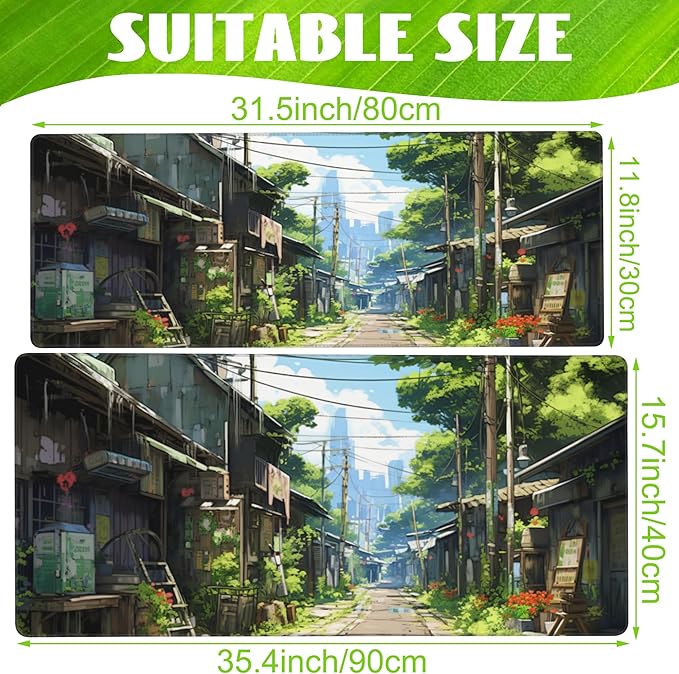 Anime Abandoned Town Desk Mat, Large Gaming Mouse Pad with Non-Slip Base and Stitched Edge, 31.5"x11.8"