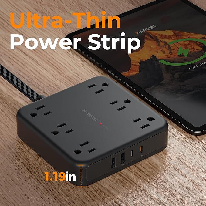 TESSAN 5Ft Black Extension Cord with Multiple Outlets, Surge Protector Power Strip with 6 Outlets and 4 USB Ports (2 USB C), 2100 Joules Protection, Flat Plug, Outlet Extender for Home, Office, Dorm