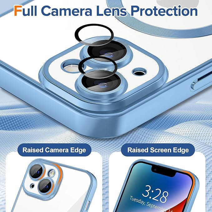 Hython Magnetic Clear for iPhone 14 Plus Case with Camera Lens Protector [Compatible with MagSafe] Luxury Plating Edge Slim Soft TPU Cover Protective Phone Case for iPhone 14 Plus, Matte Light Blue