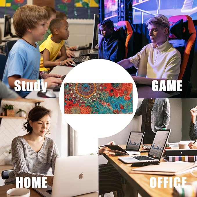 Vintage Art Mandala Large Gaming Mouse Pad,Waterproof Desk Mat for Desktop,Non-Slip Rubber Base Mousepad with Stitched Edges for Laptop Office and Home 35.4X15.7 Inch
