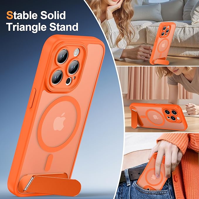 Magnetic Compatible with iPhone 15 Pro Case, [Built-in Kickstand][Full Camera Protection][Compatible with MagSafe][Anti-Fingerprint] Shockproof Phone Case for iPhone 15 Pro 6.1",Orange