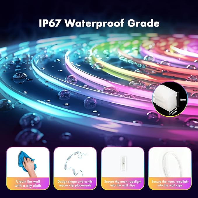 Neon RGB Rope Lights,IP67 Waterproof,Flexible Led Rope Lights,Control with App/Remote,Music Sync,for Gaming Room Living Bedroom Wall Decor (20FT)