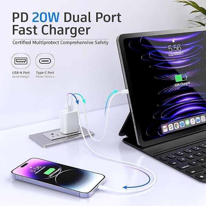 USB C Charger Block, 3Pack for iPhone Charger Block, 20W Dual Port PD+QC, Power Wall USB Adapter, Fast Type C Charging Plug for iPhone 17,16,15,14,13,12,11, Pro Max, XS, XR, X, Samsung Galaxy Phone