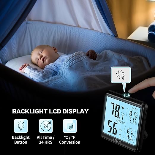 DOQAUS Room Thermometer Hygrometer, Digital Indoor Thermometer with Backlight, Large Screen Temperature Monitor Humidity Meter for Home, Bedroom, Baby Room, Office, Greenhouse (Black)