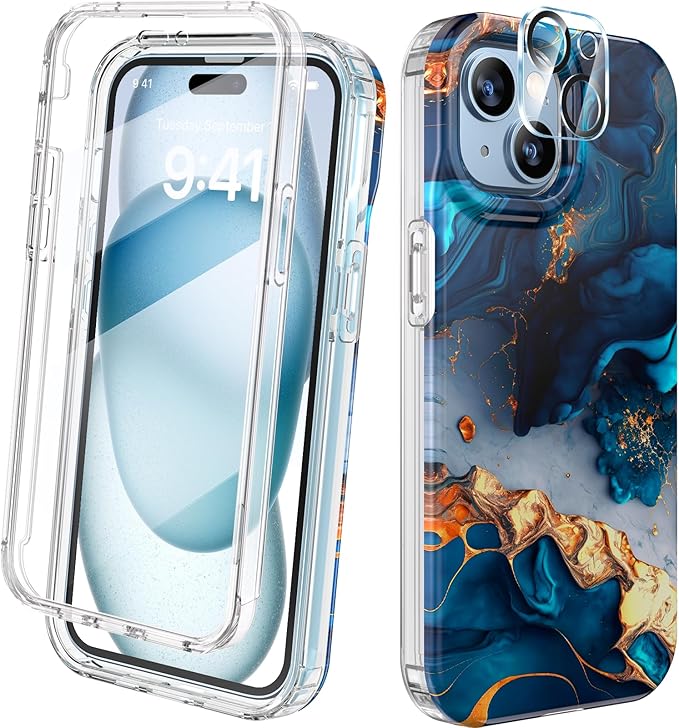 Diaclara Designed for iPhone 15 Case, Full Body Rugged Case with Built-in Touch Sensitive Anti-Scratch Screen Protector, with Camera Lens Protector for iPhone 15 6.1" (Water Blue)