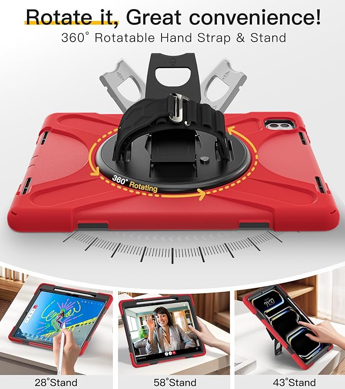 BRAECN for iPad Pro 13 inch Case M5 2025 & M4 2024 Heavy Duty Shockproof Protective with Pencil Holder Screen Protector 360°Rotating Stand Handle & Shoulder Strap Full Body Cover Kids Friendly