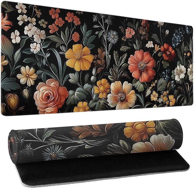 Large Floral Mouse Pad Extended Gaming Mousepad 31.5"x11.8" Vintage Aesthetic Black Desk Mat Flower Mouse Pad Plant Wildflower Mousepad XXL Laptop Computer Keyboard Mats for Desk Office