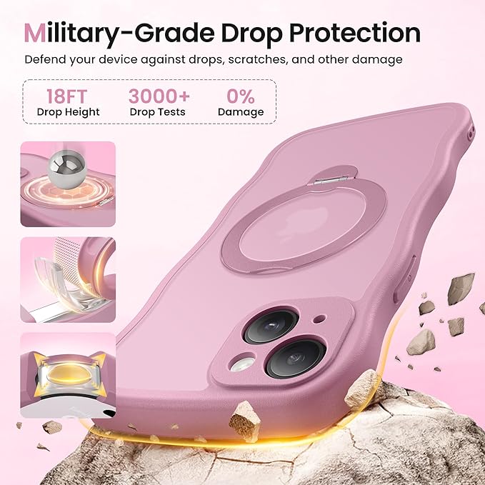 CAPRARO for iPhone 15 Plus Case with 360° Spin Magnetic Stand for Women, [Compatible with MagSafe] [Full Camera Protection] Cute Wave Translucent Matte Case for iPhone 15 Plus, Black Currant