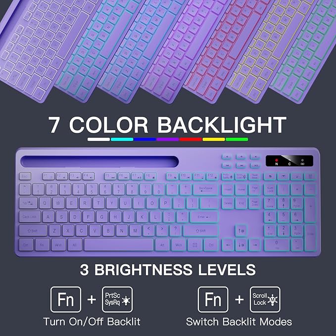 Soueto Wireless Keyboard with 7-Color RGB Backlit, Full-Size Computer Keyboard with Phone Tablet Holder, 2.4G Rechargeable Gaming Keyboard with Light Up Keys, Compatible with Mac, Windows (Purple)