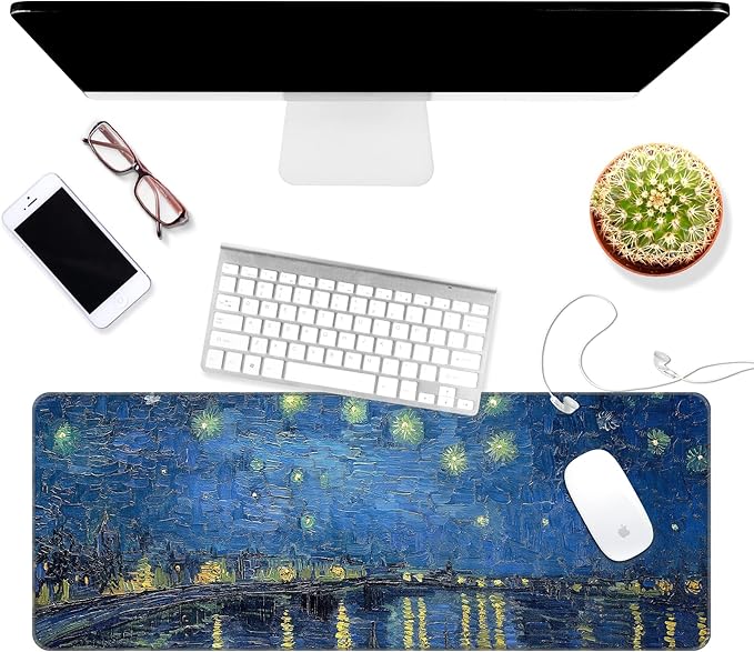 Thin Extended Gaming Mouse Pad （31.5 * 11.8 * 0.08 inch） with Stitched Edges Large Mousepad Long XXL Keyboard and Mouse pad Desk Mat for Gaming Office & Home - Starry Night Over the Rhone