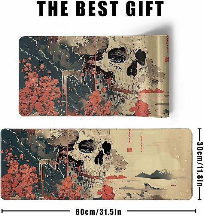 Skull Mouse Pad Japanese Ukiyo-e Mouse Pad XL Anime Big Mouse Pads for Desk Large Gaming for Men Desk Pad with Stitched Edges Non-Slip Large Computer Mat, 31.5x11.8 in
