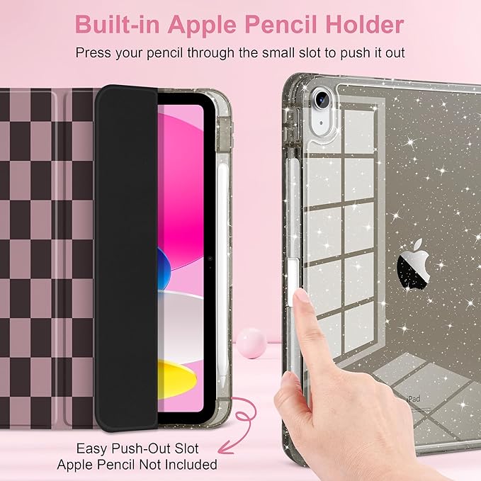 DONGKE for iPad Pro 11 inch Case – Fits M5 2025 / M4 2024, Shockproof Sparkling Glitter Acrylic Back, Pencil Holder, Trifold Stand, Auto Sleep/Wake & Touch ID Support - Brown Gingham