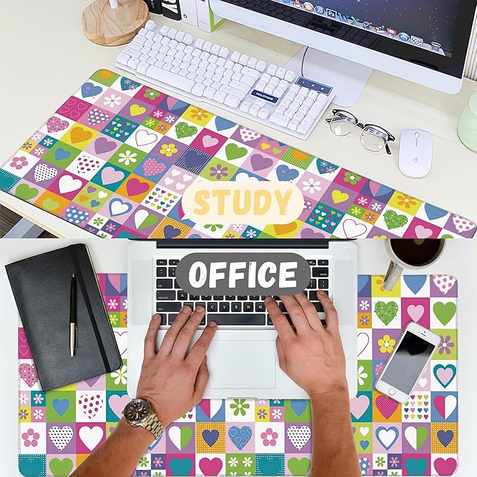 Extended Gaming Mouse Pad Checkered Heart Flower Large Mousepad with Stitched Edges,Anti-Slip Rubber Base Keyboard Mouse Mat Desk Pad for Gaming Home Office 35.4 x 15.7 inches