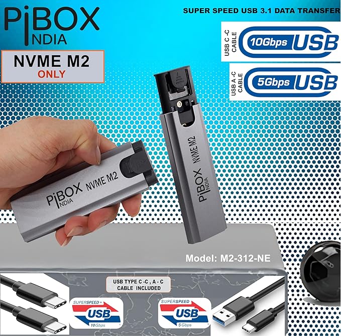 NVME M2 Enclosure, PiBOX India NVMe SSD Enclosure - USB 3.2 10Gbps, Tool-Free M.2 NVMe Case, PCI-E NVMe Reader, USB-C, Supports M & B&M Keys, 2230/2242/2260/2280 SSDs, REALTEK RTL9210 Chipset