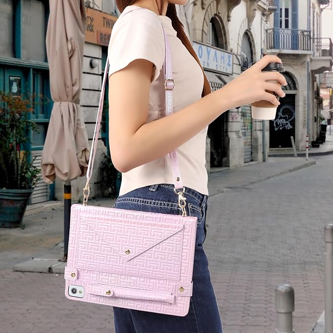 Shiny Case for iPad 6th/5th Gen 9.7 Inch (2018/2017), iPad Pro 9.7"/Air 2, Techcircle Crossbody Iridescent Folio Stand Multi-Pocket Wallet Case with Pencil Holder+Hand/Shoulder Strap, Shiny Lilac