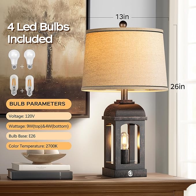 QiMH Table Lamp for Living Room, Farmhouse Lamps Set of 2 with USB A+C and Nightlight, 26" Rustic Bedside Lamps with 3-Way Dimmable, Touch Nightstand Lamp for Bedroom, Bronze