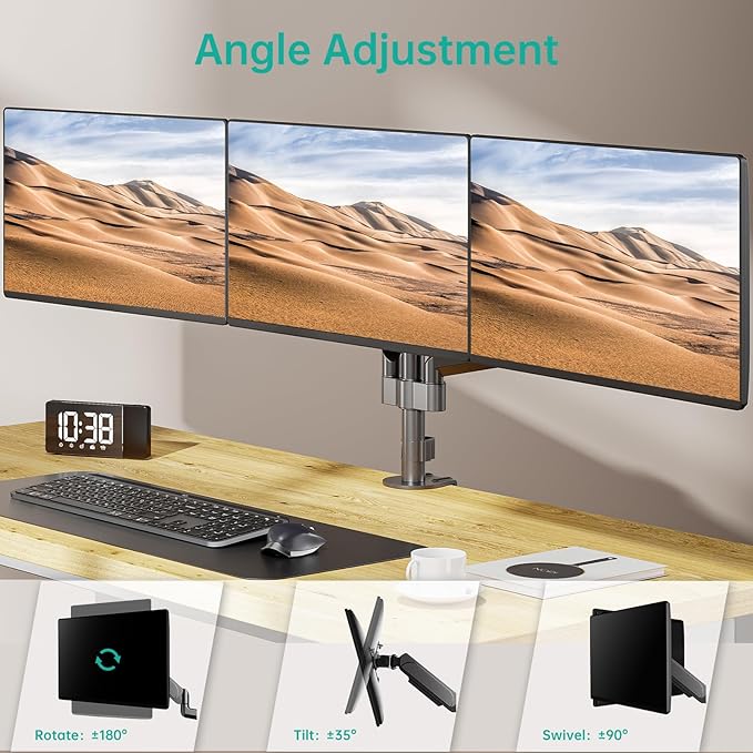 WALI Triple Monitor Mount for 13-32 inch Screens, Adjustable 3 Monitors Desk Mount with Swivel, Tilt, Clamp & Grommet Kit, Triple Monitor Stand for Desk, VESA 75x75/100x100mm (GSDM003), Black