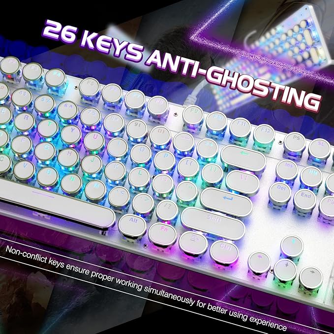 YSCP Typewriter Style Mechanical Gaming Keyboard RGB Backlit Wired with Blue Switch Retro Round Keycap 104 Keys Keyboard (R-White)