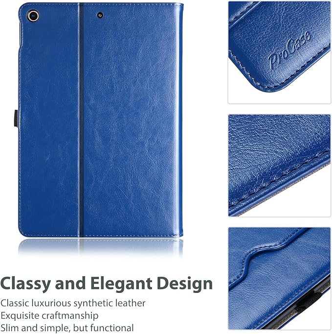 ProCase for iPad 9th/ 8th/ 7th Generation Case 10.2 Inch 2021/2020/2019, iPad 10.2 PU Leather Case Business Stand Cover Smart Folio with Hand Strap Front Pocket Pen Loop -Navy