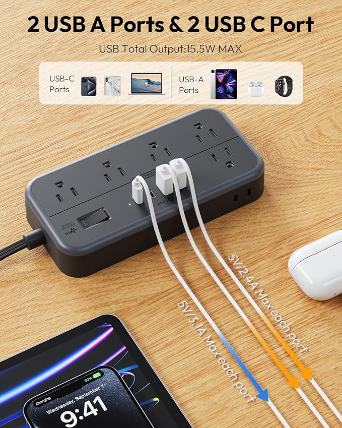 NTONPOWER Surge Protector Power Strip 15 Ft Cord, 10 Widely Spaced Outlets, 4 USB Port(2 USB C Port), Ultra Thin Flat Plug Extension Cord 15 Feet, 2700J Surge Protection for Home Office Garage, Black