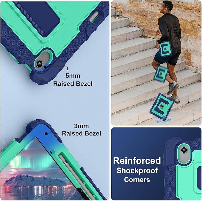 Kids Friendly Case for iPad Air 13 Inch M4 M3 M2 2026/2025/2024 Case with Pencil Holder & Shoulder Strap, Military Grade Shockproof Kickstand Hard Shell Protective Cover,Blue+Mint
