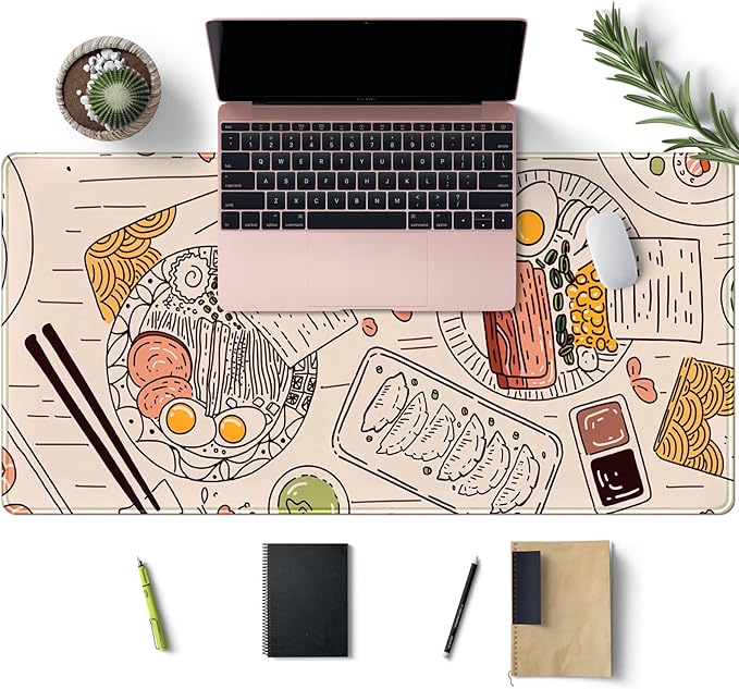 Japanese Ramen Sushi Food Desk Mat Beige XL Mouse Pad Large Full Desk Mousepad Gaming Extended Keyboard Mouse Mat Desk Pad for Computer Laptop 31.5''X15.7'' Non-Slip Rubber Base with Stitched Edges