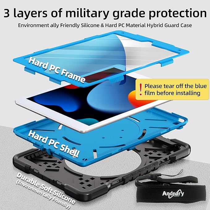 Andnary Case for iPad 9th/8th/7th Generation 10.2 inch, Shockproof Cover with Screen Protector/360° Rotating Handle/Bracket/Pen Holder/Shoulder Strap, Kids Case for iPad 2021/2020/2019 (Black+Blue)