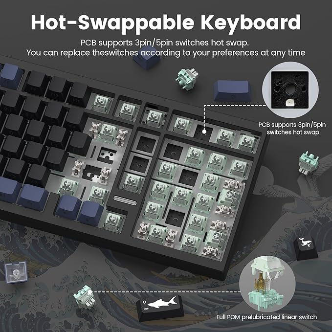 Womier Wireless Gaming Keyboard, Mechanical Keyboard, 98% Creamy Keyboard RGB Backlit with Number Pad and Volume Knob, BT5.0/2.4GHz/USB-C Mode, Hot Swappable Custom Keyboard with Linear Switches